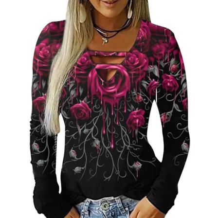 Kvinnor Print V-hals Tröja Långärmad Ihålig T-shirt