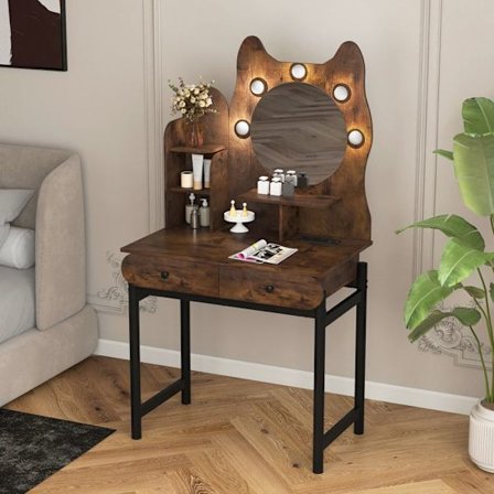 Kissa-muotoinen meikkipöytä LED-peilillä COSTWAY, säädettävä kirkkaus, latausasema, 3 hyllyä, 2 laatikkoa, rustiikkinen ruskea