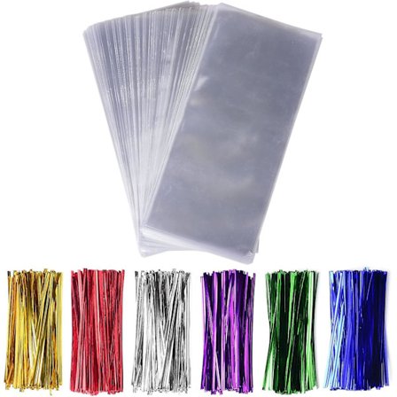 Katea 300-pack 5" x 11" Genomskinliga Cellofanpåsar för Godis 1,4mil OPP Plastpåsar med 6 Blandade Färger Vridband Bra för Bröllopskakor Present Godis