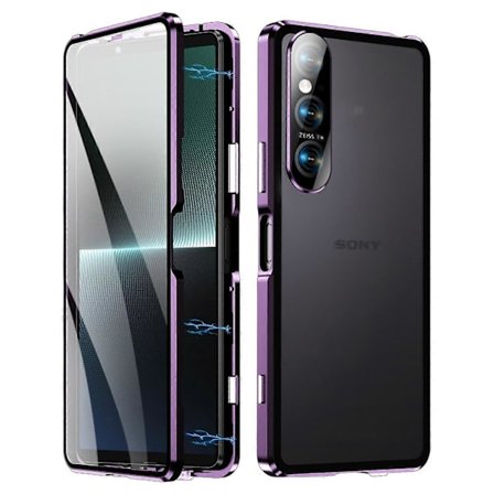 Magnetisk adsorptionsetui til Sony Xperia 1 V, metalramme, hærdet glas, PC-bagside, klart telefoncover