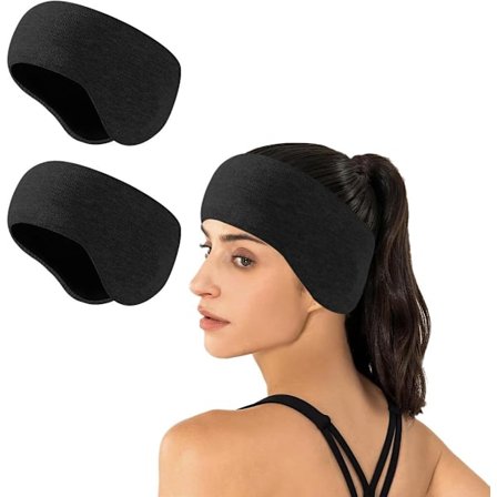 Vinterpandebånd til kvinder - Fleeceforet løbepandebånd med elastiske ørevarmere - Varmt u0026 Behageligt til udendørs sport - Sort - 2 stk.