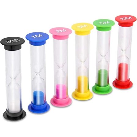 Sandur, 6 stk. farverige timeglas 30 sek. / 1 min. / 2 min. / 3 min. / 5 min. / 10 min. sandur, timeglas