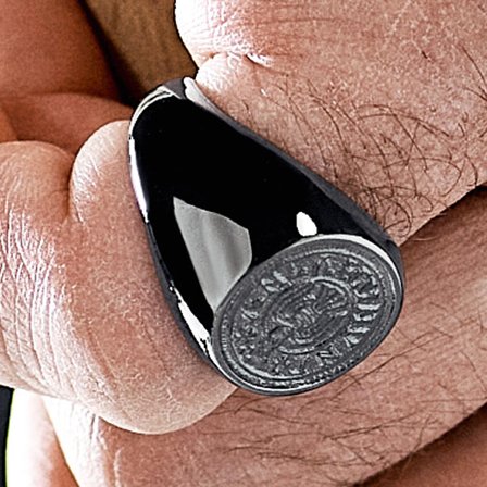 Aras | Anillo sello para el meñique de acero inoxidable negro con moneda de cuervo para hombres - Anillos tipo sello