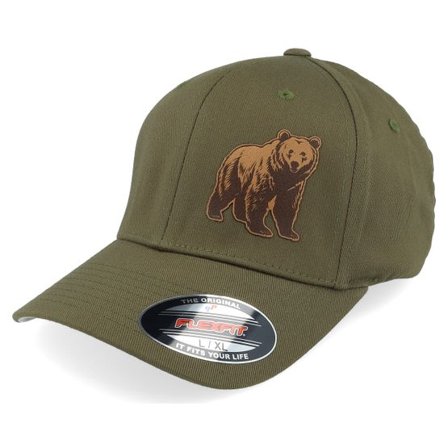 Wild Spirit - Grön flexfit Keps - Bear Engraved Wooly Combed Olive Flexfit @ Hatstore