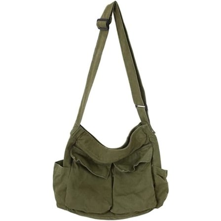 Canvas Crossbody Taske til Kvinder - Army Grøn, Stor Crossbody Taske