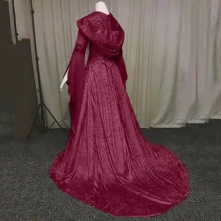 Middelalder Retro Gotisk Hettelue Hexe Kjole Lang Skjørt Luksuriøs Festkjole For Kvinner Cosplay Vampyr Halloween Voksen Kostyme Vinrød