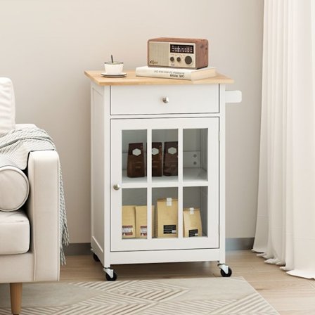 KOSTWAY Keittiön Tarjoiluvaunu Kumipuiset Kääntyvät Rullat Vetolaatikko Pyyhepidike Säädettävä Hylly Lasinen Ovi