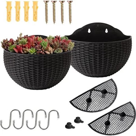 2-pak selvvandende potter, halvcirkelformede rottingpotter til væg med vandreservoir, 26x20,5 cm