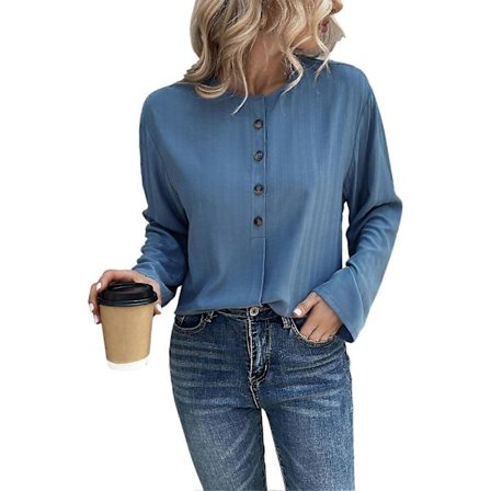 Langermet, avslappet bluse for kvinner, enkelspent, halv knapp, ensfarget bluse, skjorte, genser med rund hals, topp for hjemmekontor