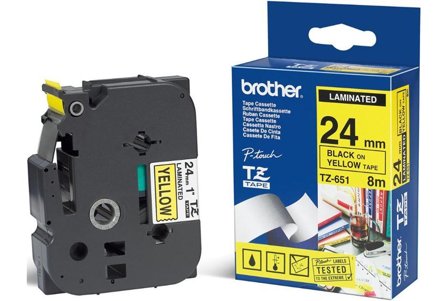 Brother TZe-651 P-Touch 24mm tape Sort på gul, standard laminert, 8 meter (gir ca 100 etiketter)