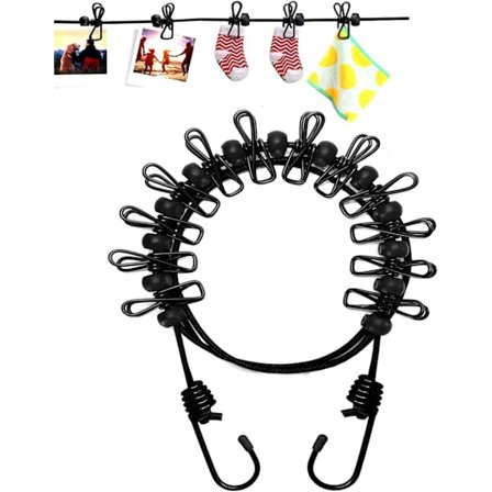 Bärbar klädstreck med 12 klädnypor, vindtät rescampingklädstreck hopfällbar elastisk tvättklädstreck (mörk svart)