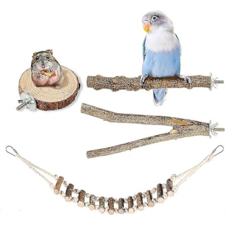 4-delt fuglepinnestsett, tilbehør til fuglebur, undulat naturtrepinne_r