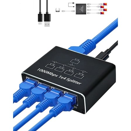 Ethernet-splitter 1 til 4, 1000 Mbps høyhastighets nettverksfordeler med USB-strøm, støtter 4 enheter samtidig, kompatibel med Cat6/7/8-kabler