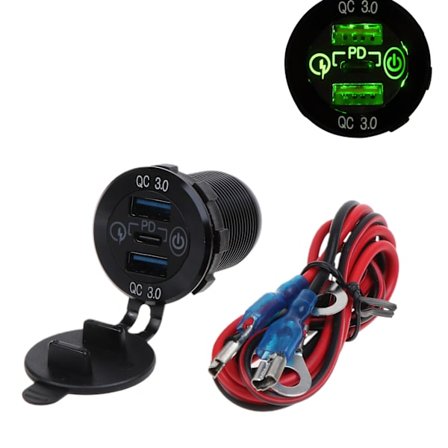 Bilopladerstik i aluminiumslegering med dobbelte USB-porte, USB-C-opladerstik, strømudtagsadapter med voltmeter til kabinettet