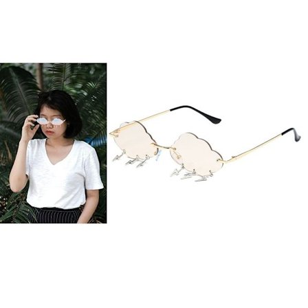 Kultakehyksiset samppanjanväriset teekutsujen pilvi aurinkolasit Vintage kehyksettömät aurinkolasit Hauskat epäsäännölliset disko lasit Salama tupsu 