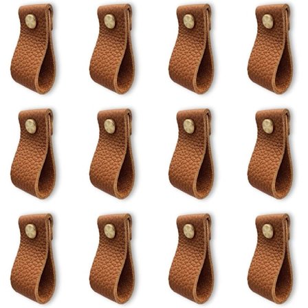 Brun sett med 12 lær møbelhåndtak, kjøkkenskapshåndtak, dørhåndtak med skruer muttere, anti-kollisjon skap d