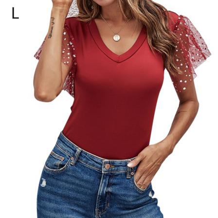 Dam T-shirt Sommar V-hals Gaze Paljett Kortärmad Casual