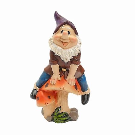 Hagegnom skulptur utendørs dekorasjon Harz dverg som sitter på en sopp