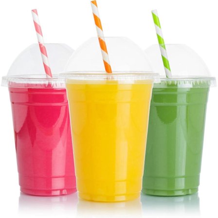 100 st Plast Smoothie Muggar med Kupollock Smoothie Mugg med Lock för Smoothies - Återvinningsbara & Engångsmuggar (100-pack)