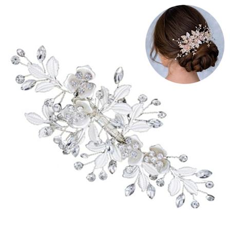 Handgjord Bröllopshårkam med Pärlor, Blommor och Blad - Bröllopshårtillbehör för Brudar och Brudtärnor - Pärlhårsnål Hårkam
