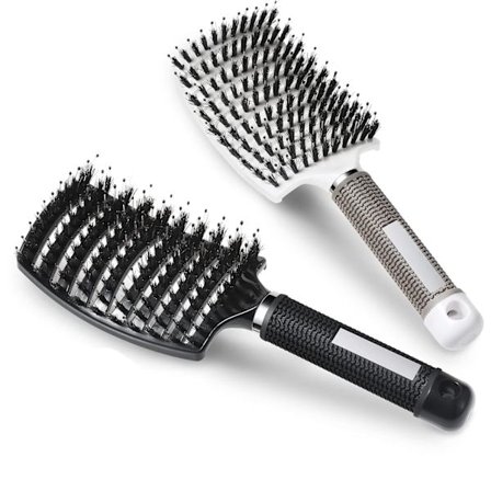 To vildsvinebørste kamme, anti-filt, anti-statisk buet massage kamme, sort og hvidt farveskema.