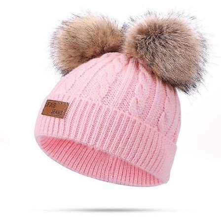 Barsinfi Toddler Ullhatt Vinter Twist Dobbel Pom Pom Strikket Beanie Caps Rosa