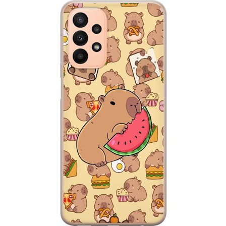 Kompatibel Mobilcover til Samsung Samsung Galaxy A23 5G Søde capybaraer nyder vandmelons pizza og popcorn i et varmt og legesygt design, der spreder