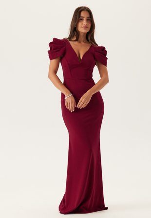 Goddiva - Pleated Sleeve Maxi Dress - Burgundy Red - Kläder - - Bubbleroom