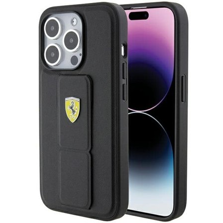 Ferrari Grip Stand Metal Logo etui til iPhone 15 Pro - sort