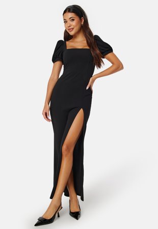John Zack - Puff Sleeve Maxi Dress With Split - Black - Kläder - - Bubbleroom