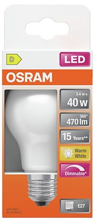 OSRAM Led Lyspære E27 Classic A40 470lm matt Dimbar Varmhvit