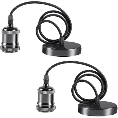 2 kpl E27 Vintage riippuvalaisin antiikkimessinkiä maadoitusjohdolla ja 90 cm punotulla kaapelilla, helmenmusta