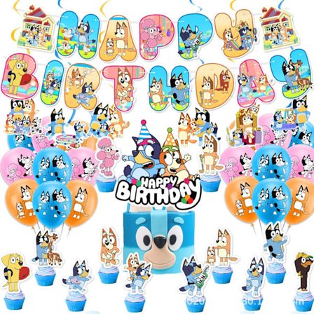 Bluey Fødselsdagsfest Flag Banner, Kagepynt, Balloner, Fødselsdagspynt
