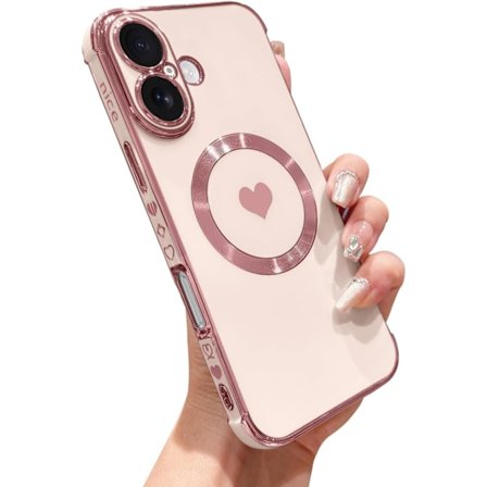 Magnetisk etui til iPhone 16 Kvinder Pige Luksus Belægning Sødt Kærlighedshjerte Slankt Cover Fuld Kameralinse Beskyttelse Kompatibel med MagSafe til 