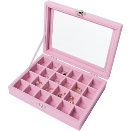 Smykkeskrin til opbevaring af 24 par øreringe med fløjlspose og displaystander til ringe, øreringe og smykker (Rosa)[YJD]