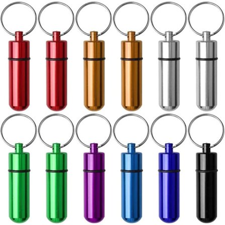 12-pack pillerdosa nyckelring, färgglad aluminiumlegering piller