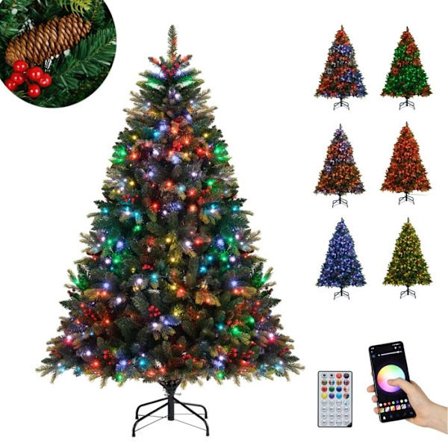Lysende Juletræ 180 cm COSTWAY-370 RGB Multifarbete Lichter-Funkelmodi-Fjernbetjening, APP-Hængslede Grene
