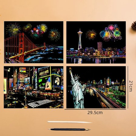 4 kpl Scratch Art -paperisetti – maailman maamerkit ja eläimet, hehku pimeässä, stressiä lievittävä askartelu lapsille ja aikuisille