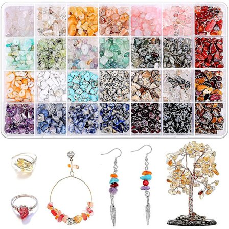 1400 stk. krystalsmykkefremstillingssæt, 28 farver ædelstensperler til smykkefremstilling, uregelmæssige stenperler til halskæde, armbånd, ring, 