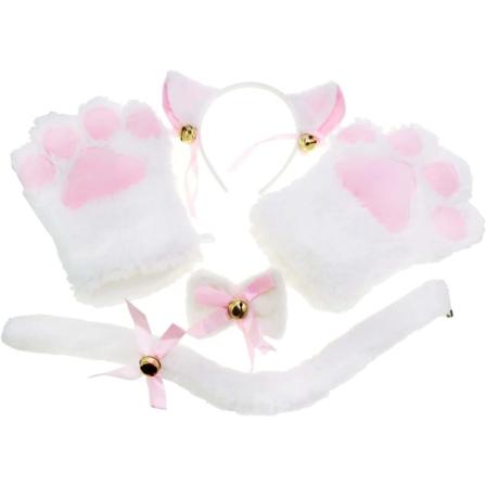 Katt Cosplay Sett Hvit, Katt Ører Hodebånd Kitten Hale Ører Krage Labber Hansker, Katt Cosplay Kostyme Søt Kostyme Festdekorasjon Sett for Barn 