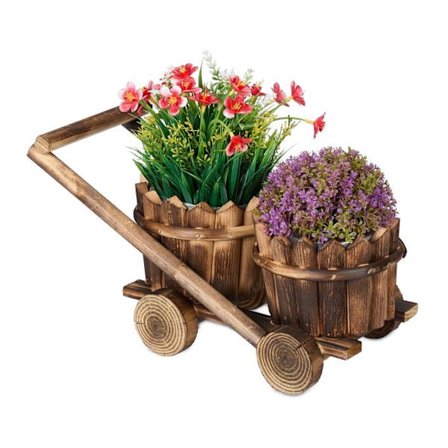 Planteringsvagn med 2 blomkrukor i trä