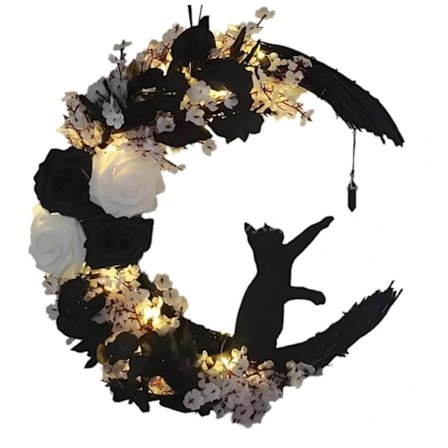 Dørkrans med lys, blomstermånekrans med svart katt dekorasjon
