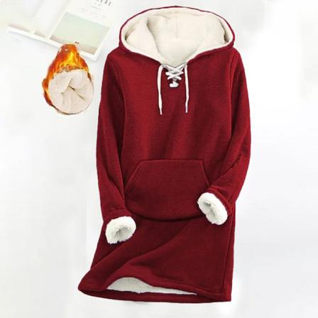 Damer Med Snörning I Fleecefodrad Pocket Hooded Tops Enkel Tröja