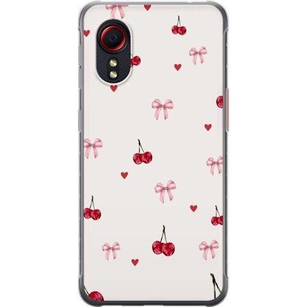 Kompatibelt Mobilskal till Samsung Samsung Galaxy Xcover 5 Körsbärsrosetter och hjärtan i sött och lekfullt mönster i rosa och rött - Cherry Bow