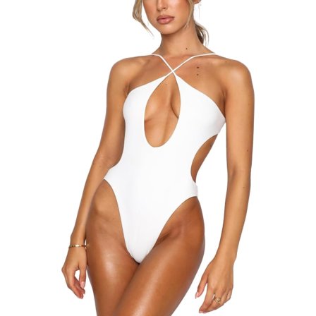 Sexig Kvinnors Korsad Halter Baddräkt White S