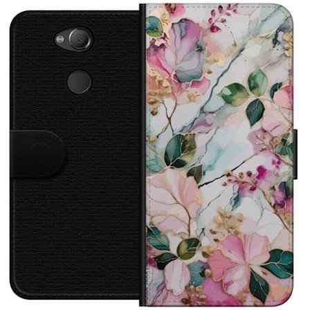 Kompatibel Tegnebogsetui til Sony Xperia XA2 Abstrakt marmormønster med blomster, blade og gyldne detaljer i bløde pastelfarver