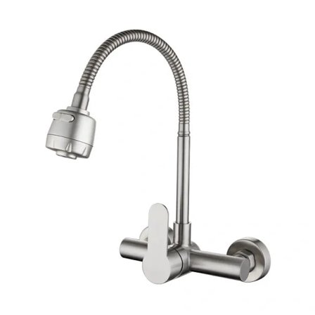 QU-Køkkenarmatur Vægmonteret Armatur 304 Rustfrit Stål 360° Drejelig Bordplade Armatur To Vandudtag med Fleksibel Slange