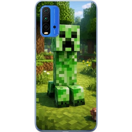 Kompatibelt Mobilskal till Xiaomi Xiaomi Redmi 9T Block-baserad Creeper-figur i en grön pixell värld, ikonisk spelillustration för barnrum, gamers