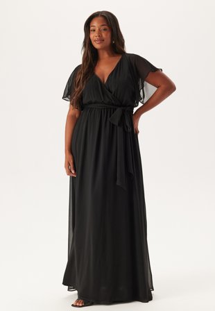 Goddiva Curve Flutter Sleeve Chiffon Maxi Curve Dress Black Vaatteet