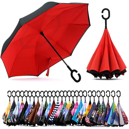 49 tommers omvendt paraply med dobbel baldakin, ekstra stor, vindtett, vanntett paraply med C-formet håndtak.